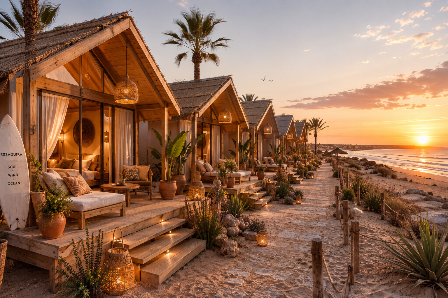 Luxe eco-huisjes aan zee bij zonsondergang